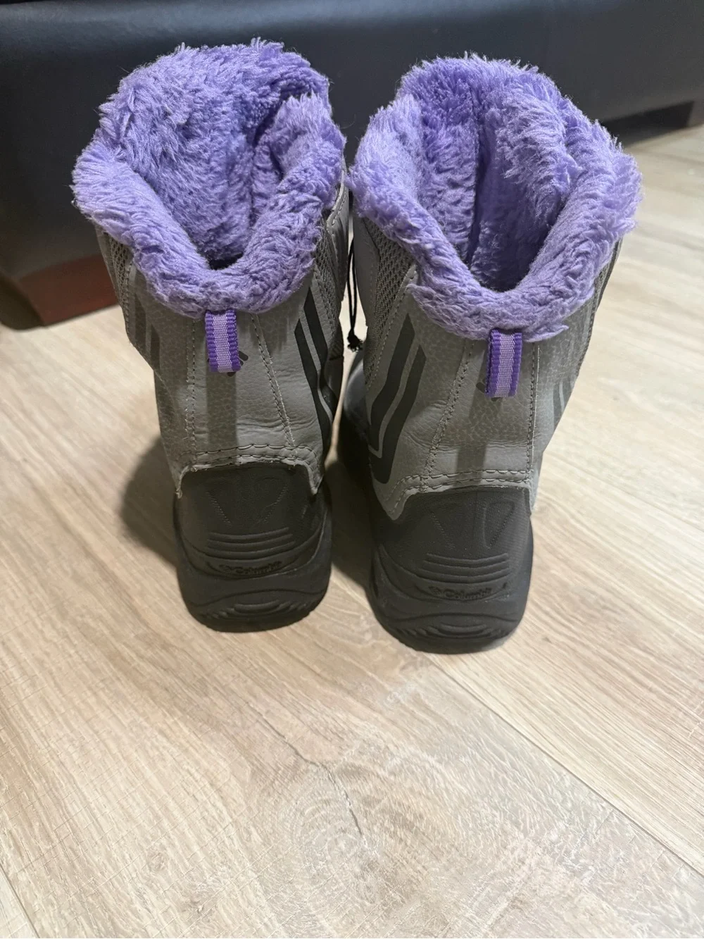 Columbia Kids Gray Winter Boots with Purple Faux-Fur Trim